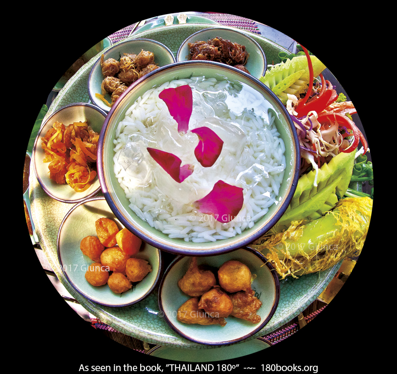 Image of Khao Chae, or Rice in Jasmine Scented Water with Savory Accompaniments.