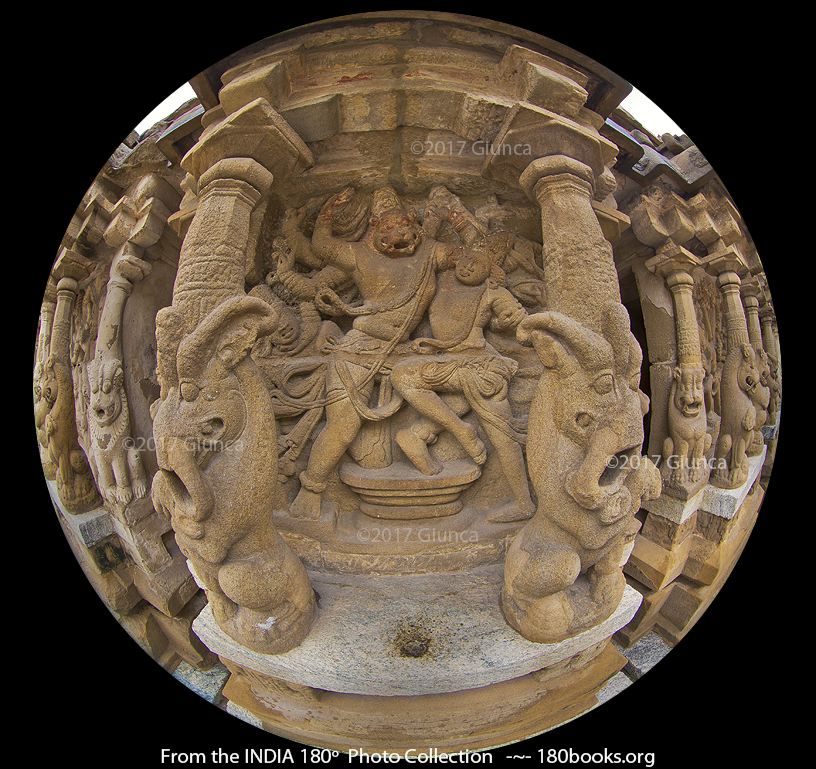 Image of a bas-relief of Narasimha is killing the demon Hiranyakshipu, Kailasanathar Temple in Kanchipuram, India