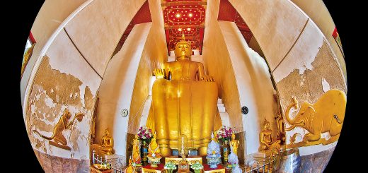 Fish eye lens photo of: Buddha is shown in a “European Pose” (Pralambapadasana), and his hands are in the “Jungle Life” Mudra at Wat Pa Lelai Worawihan in Suphan Buri, Thailand.