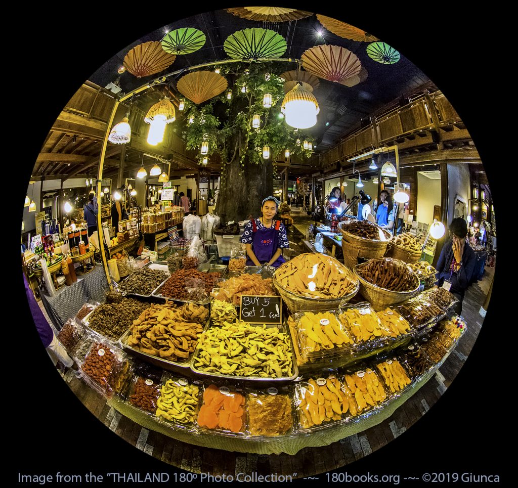 Circular fisheye image of Dried fruit vendor in the SookSiam zone