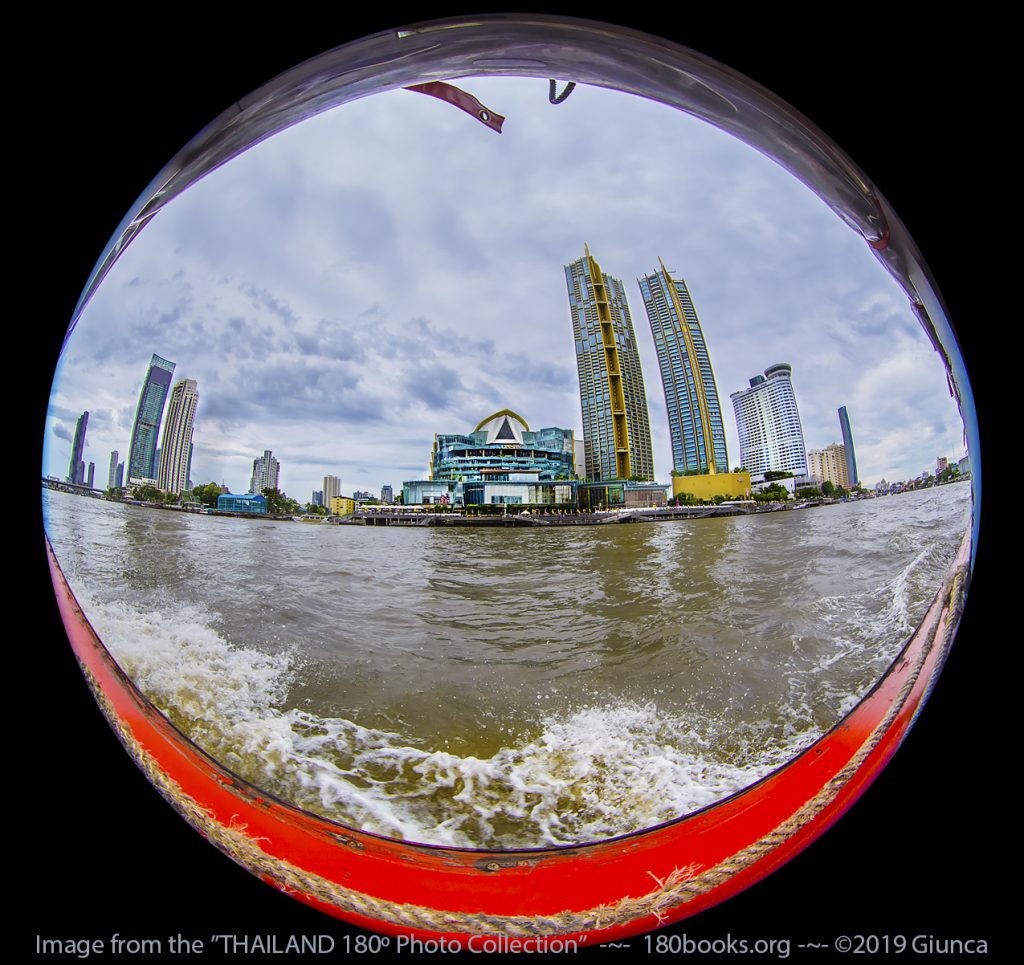 Circular fisheye lens image of ICONSIAM sits on the bank of theChao Phraya River in Bangkok, Thailand