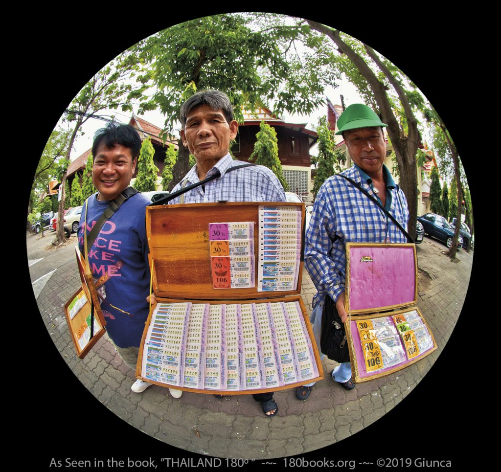 fisheye photo of Bangkok lottery ticket vendors