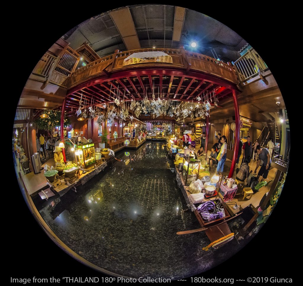 Circular fisheye lens image of SookSiam, modeled after a floating market