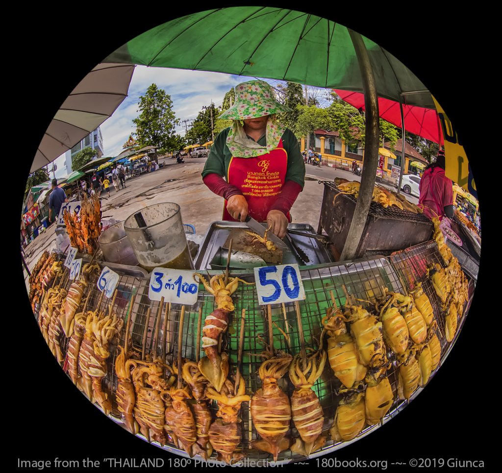 Fisheye image of BBQ Squid vendor