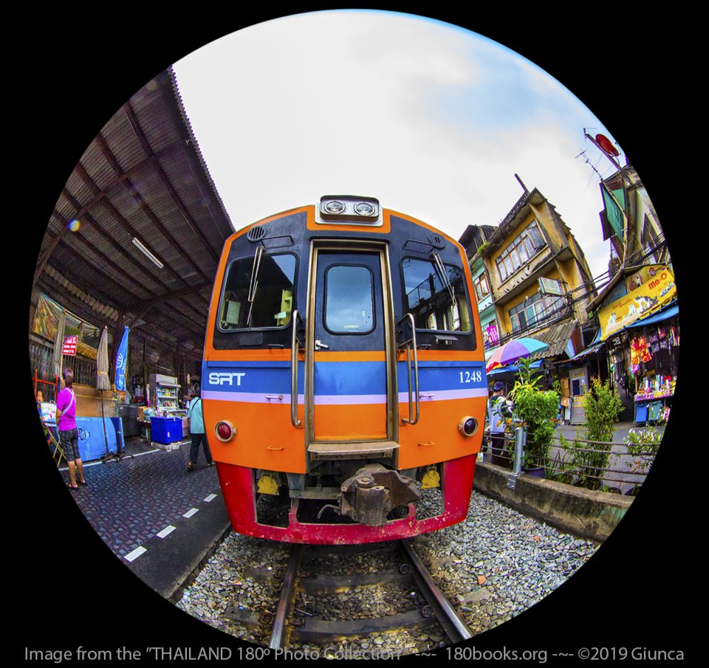 Fisheye image of Thai Train headed for the Maha Chai Seafood Market.