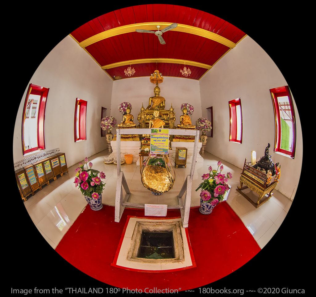 circular fisheye lens image of The beautiful 223-year-old Buddha image, Luang Por Hin in the vilharn of Wat Bang Phraek
